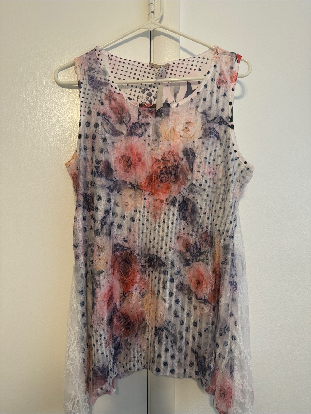 Brittany Black Blush Floral & Polka Dot Lace-Trim Sleeveless Tunic NWT